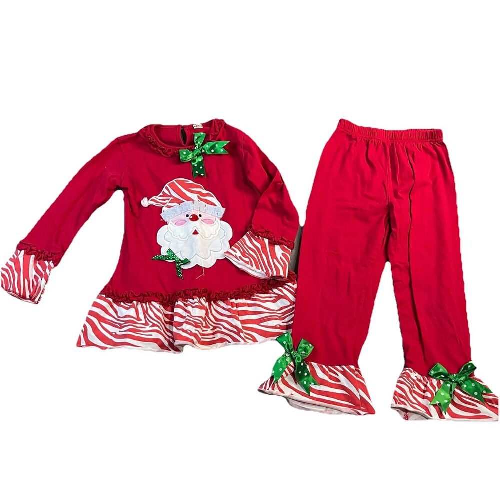 Girls Christmas Boutique 2PC Set Outfit Santa Red White Zebra Print Size 130 6-8